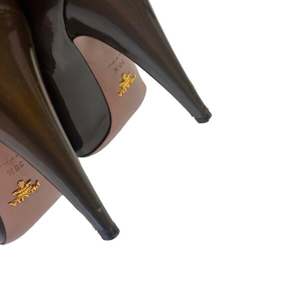 Prada Womens Pantent Leather Napa Silk Sasso Brown Peep Toe Heels With Box 38.5 - Picture 9 of 16